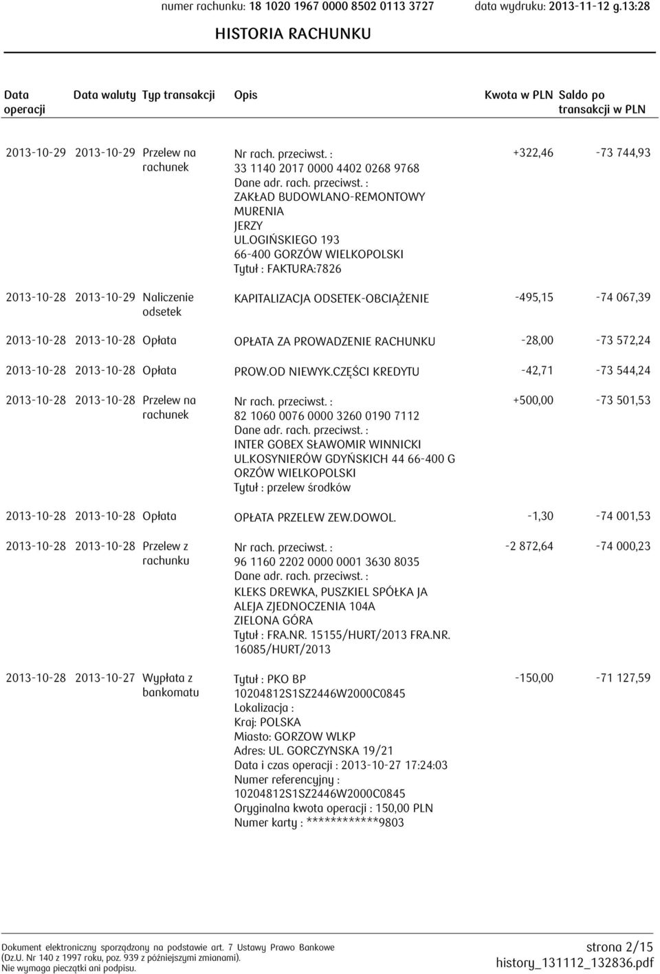 Opłata OPŁATA ZA PROWADZENIE RACHUNKU -28,00-73 572,24 2013-10-28 2013-10-28 Opłata PROW.OD NIEWYK.