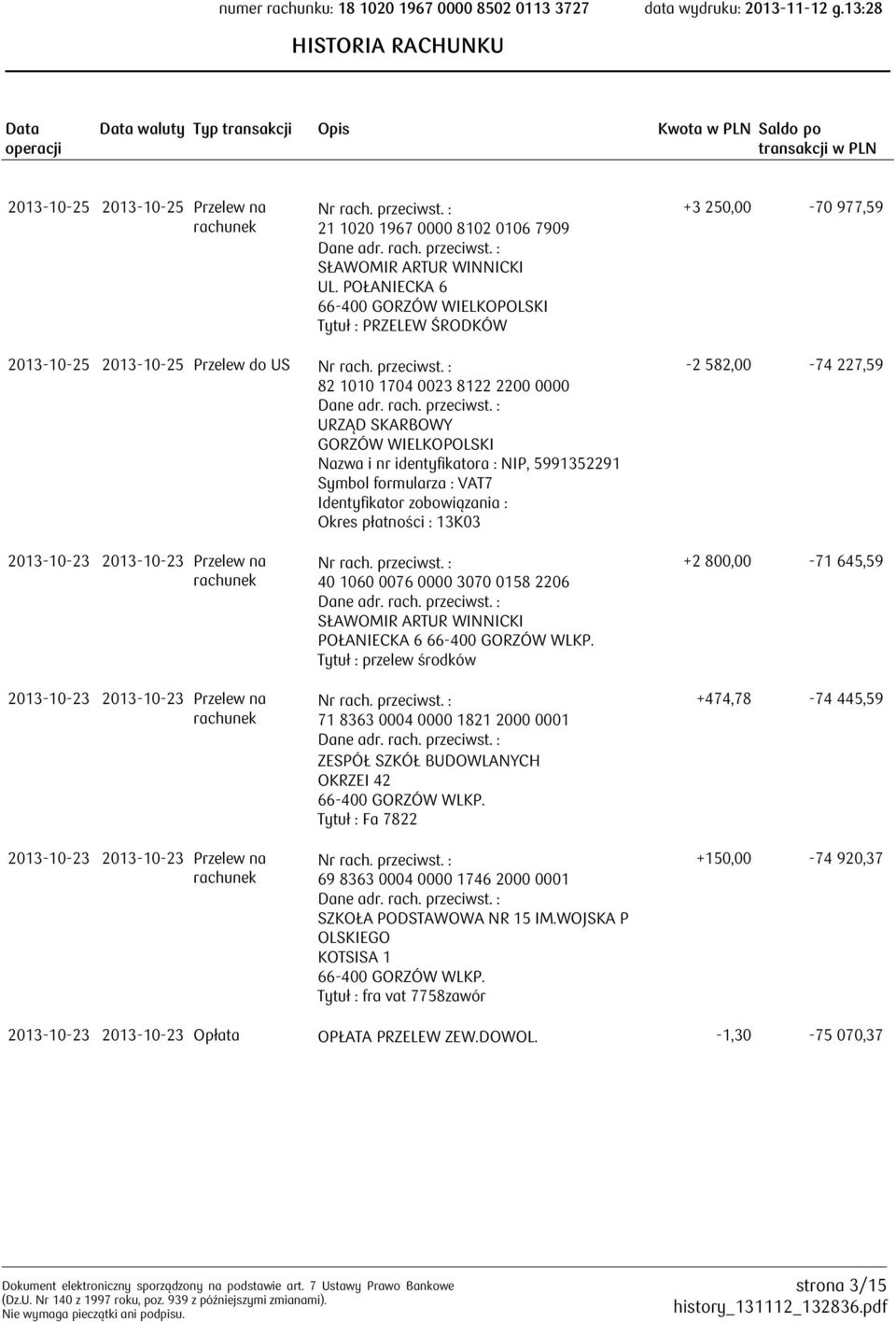 identyfikatora : NIP, 5991352291 Symbol formularza : VAT7 Identyfikator zobowiązania : Okres płatności : 13K03-2 582,00-74 227,59 2013-10-23 2013-10-23 Przelew na 2013-10-23 2013-10-23 Przelew na