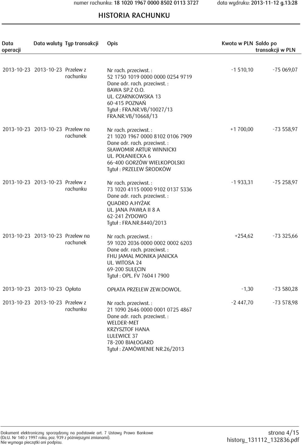 POŁANIECKA 6 66-400 GORZÓW WIELKOPOLSKI Tytuł : PRZELEW ŚRODKÓW 73 1020 4115 0000 9102 0137 5336 QUADRO A.HYŻAK UL. JANA PAWŁA II 8 A 62-241 ŻYDOWO Tytuł : FRA.NR.