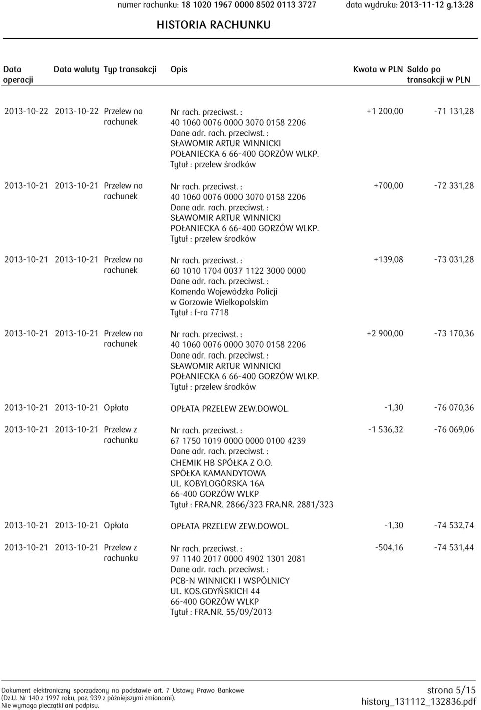 +1 200,00-71 131,28 +700,00-72 331,28 +139,08-73 031,28 +2 900,00-73 170,36 2013-10-21 2013-10-21 Opłata OPŁATA PRZELEW ZEW.DOWOL.