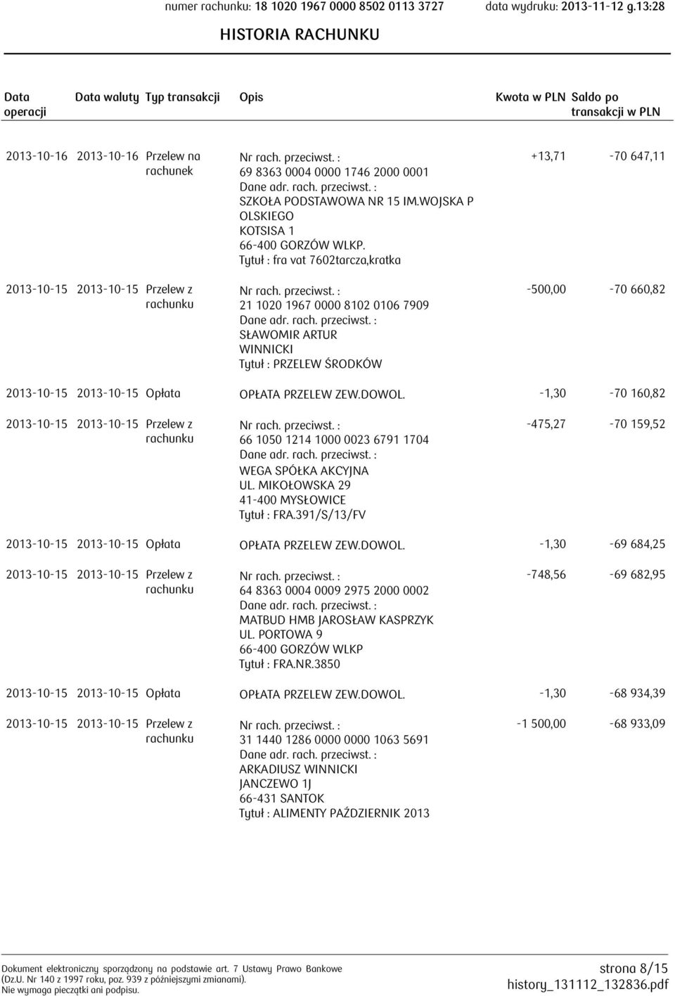Tytuł : fra vat 7602tarcza,kratka 21 1020 1967 0000 8102 0106 7909 SŁAWOMIR ARTUR WINNICKI Tytuł : PRZELEW ŚRODKÓW +13,71-70 647,11-500,00-70 660,82 2013-10-15 2013-10-15 Opłata OPŁATA PRZELEW ZEW.