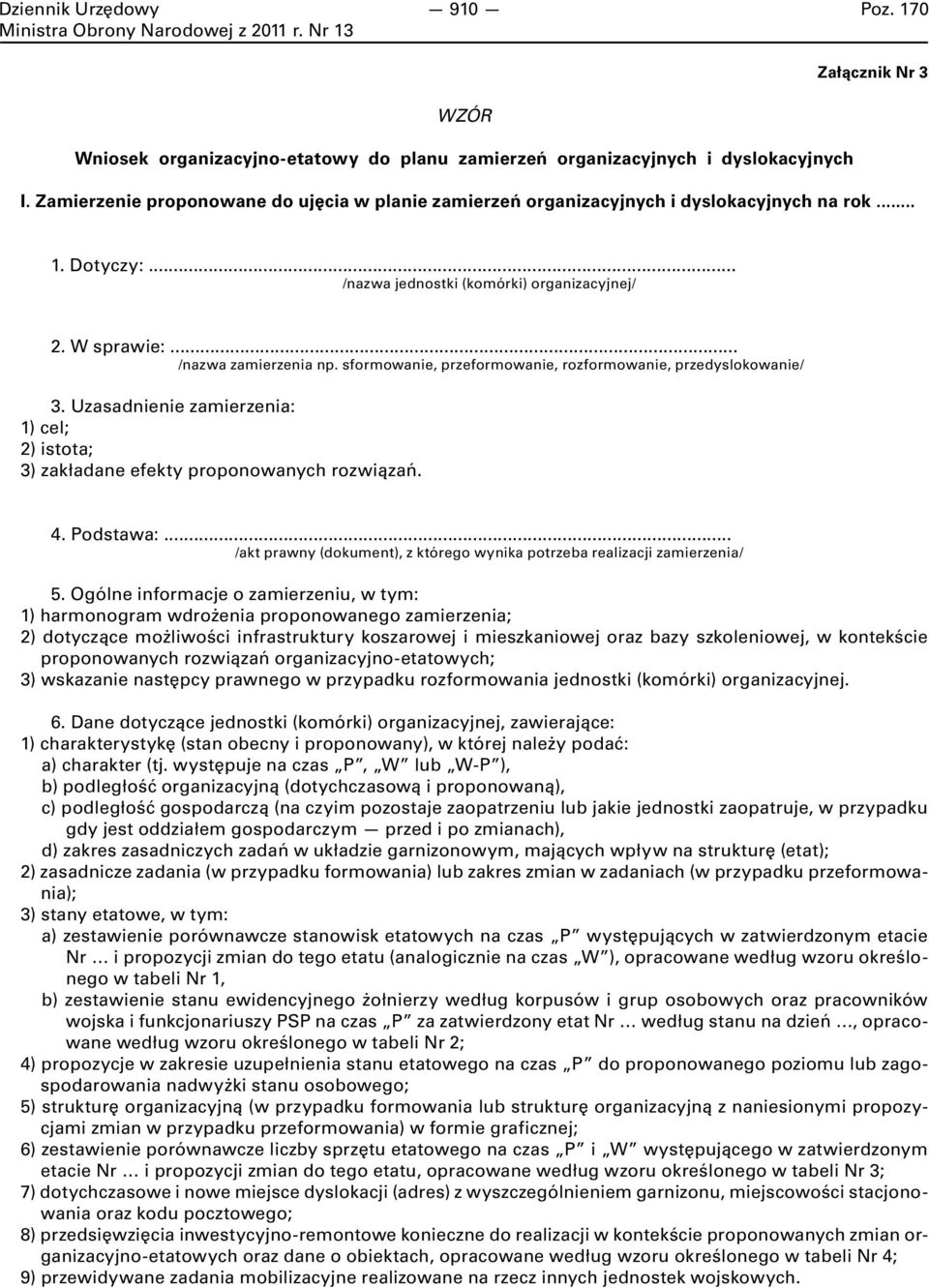 sformowanie, przeformowanie, rozformowanie, przedyslokowanie/ 3. Uzasadnienie zamierzenia: 1) cel; 2) istota; 3) zakładane efekty proponowanych rozwiązań. 4. Podstawa:.