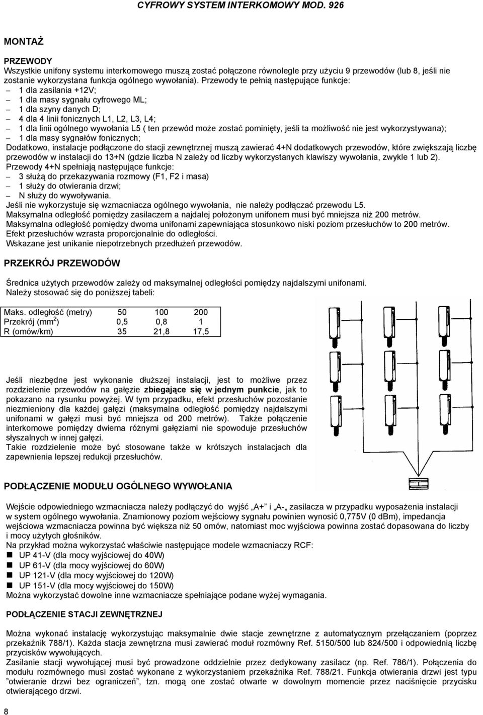 może zostać pominięty, jeśli ta możliwość nie jest wykorzystywana); dla masy sygnałów fonicznych; Dodatkowo, instalacje podłączone do stacji zewnętrznej muszą zawierać 4+N dodatkowych przewodów,