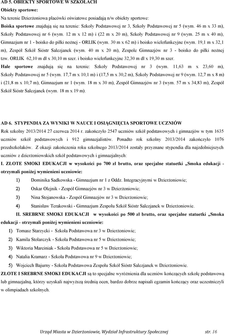 m x 6 m) i boisko wielofunkcyjne (wym. 9, m x, m), Zespół Szkół Sióstr Salezjanek (wym. m x m), Zespole Gimnazjów nr - boisko do piłki nożnej tzw. ORLIK 6, m dł x, m szer.