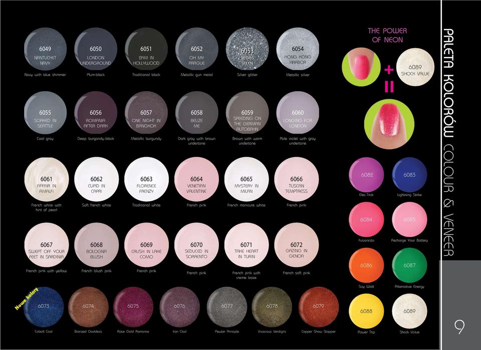 6063 FLORENCE FRENZY Traditional white 6069 CRUSH IN LAKE COMO 6052 OH MY PRAGUE Metallic gun metal 6058 BELIZE ME Dark gray with brown undertone 6064 VENETIAN VALENTINE French pink 6070 SEDUCED IN
