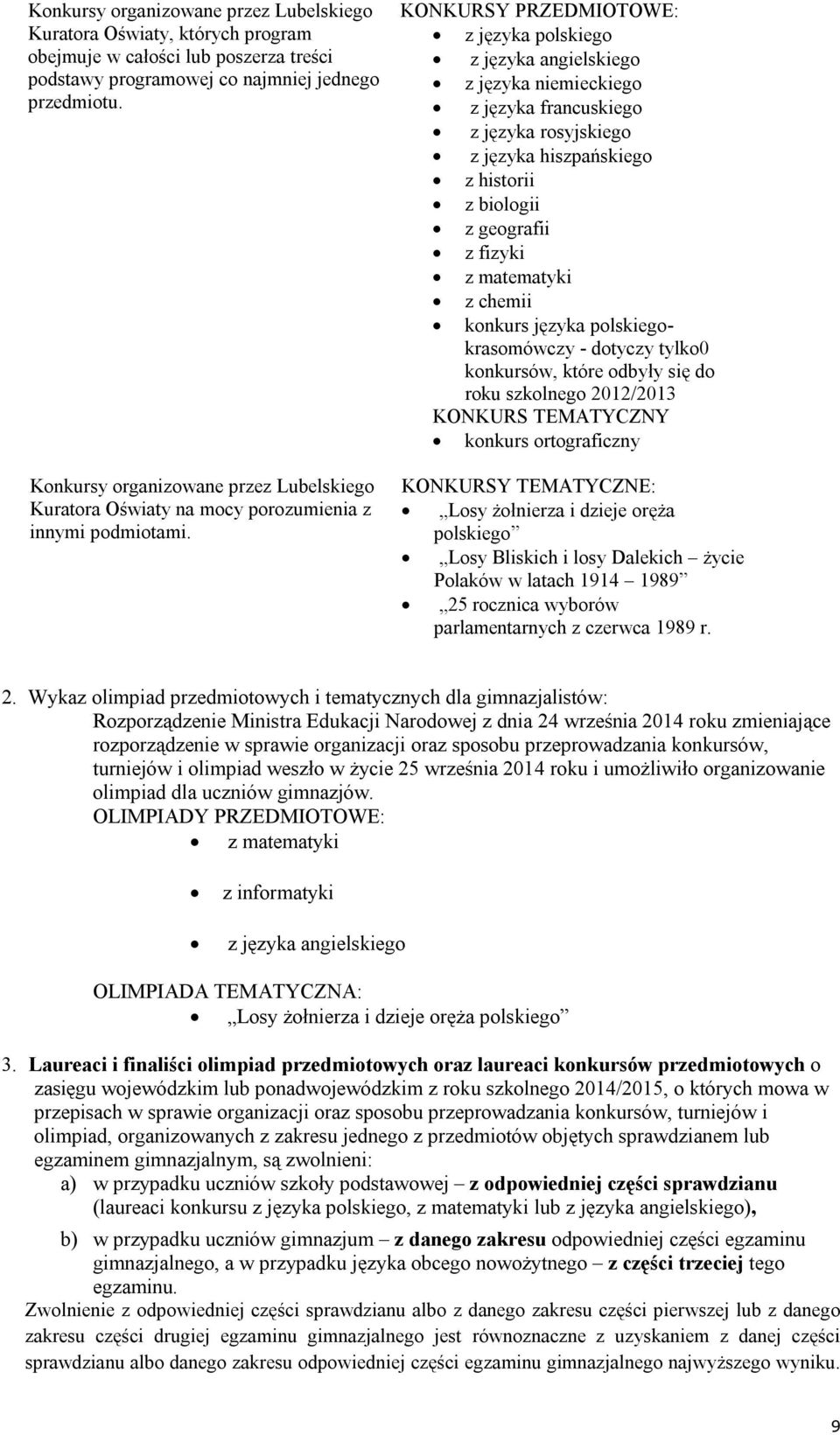 KONKURSY PRZEDMIOTOWE: z języka polskiego z języka angielskiego z języka niemieckiego z języka francuskiego z języka rosyjskiego z języka hiszpańskiego z historii z biologii z geografii z fizyki z