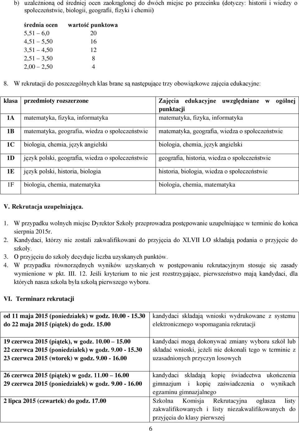 W rekrutacji do poszczególnych klas brane są następujące trzy obowiązkowe zajęcia edukacyjne: klasa przedmioty rozszerzone Zajęcia edukacyjne uwzględniane w ogólnej punktacji 1A matematyka, fizyka,