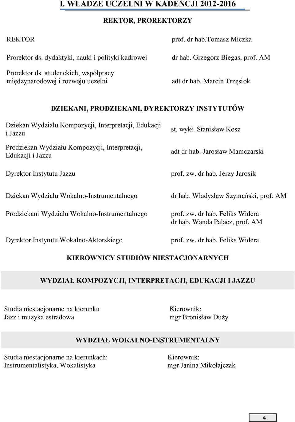 Marcin Trzęsiok DZIEKANI, PRODZIEKANI, DYREKTORZY INSTYTUTÓW Dziekan Wydziału Kompozycji, Interpretacji, Edukacji i Jazzu Prodziekan Wydziału Kompozycji, Interpretacji, Edukacji i Jazzu Dyrektor