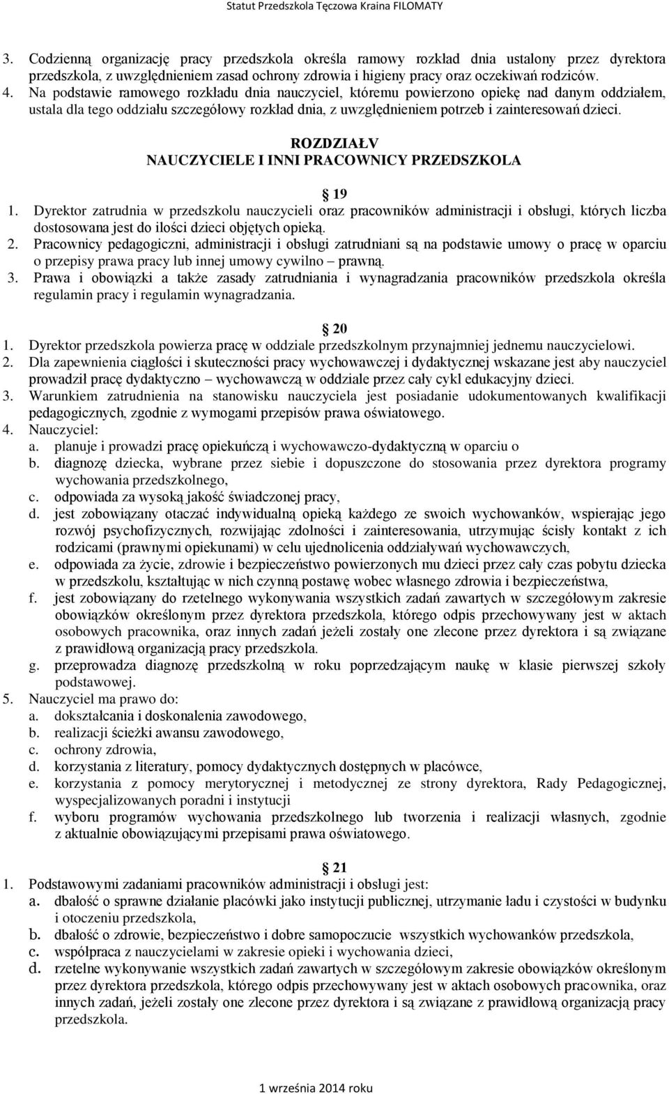 ROZDZIAŁV NAUCZYCIELE I INNI PRACOWNICY PRZEDSZKOLA 19 1.