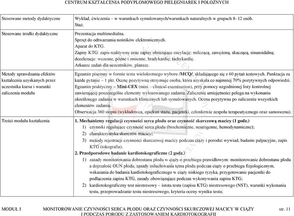 Zapisy KTG: zapis reaktywny oraz zapisy obrazujące oscylację: milczącą, zawężoną, skaczącą, sinusoidalną; deceleracje: wczesne, późne i zmienne; bradykardię; tachykardię.