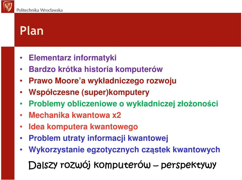 wykładniczej złożoności Mechanika kwantowa x2 Idea komputera kwantowego Problem