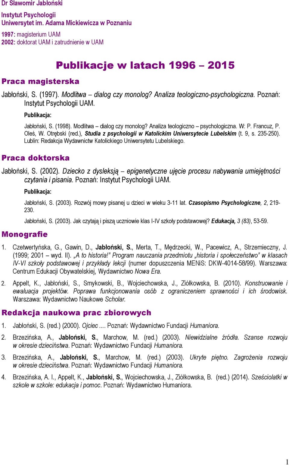 Analiza teologiczno-psychologiczna. Poznań: Instytut Psychologii UAM. Publikacja: Jabłoński, S. (1998). Modlitwa dialog czy monolog? Analiza teologiczno psychologiczna. W: P. Francuz, P. Oleś, W.