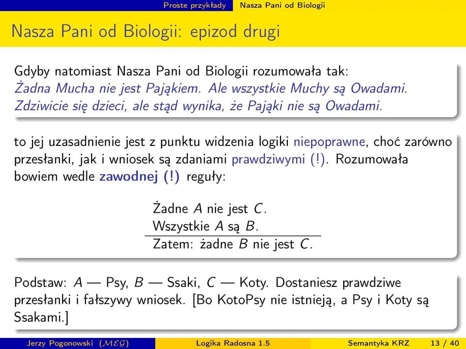 to jej uzasadnienie jest z punktu widzenia logiki niepoprawne, choć zarówno przesłanki, jak i wniosek są zdaniami prawdziwymi (!). Rozumowała bowiem wedle zawodnej (!