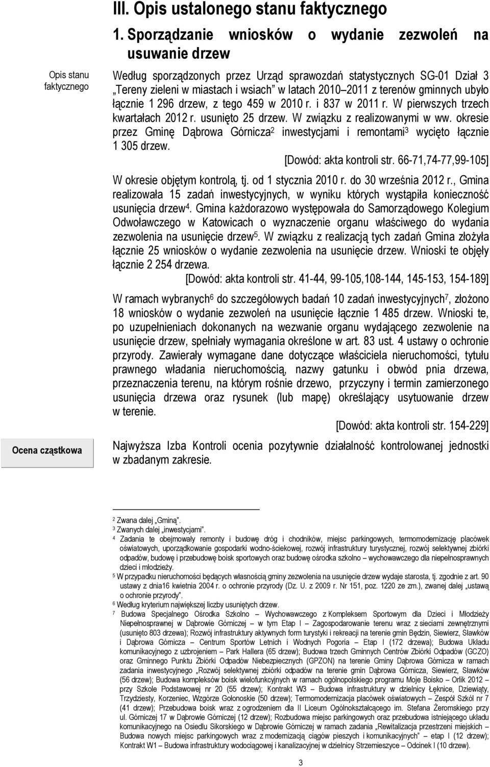 gminnych ubyło łącznie 1 296 drzew, z tego 459 w 2010 r. i 837 w 2011 r. W pierwszych trzech kwartałach 2012 r. usunięto 25 drzew. W związku z realizowanymi w ww.