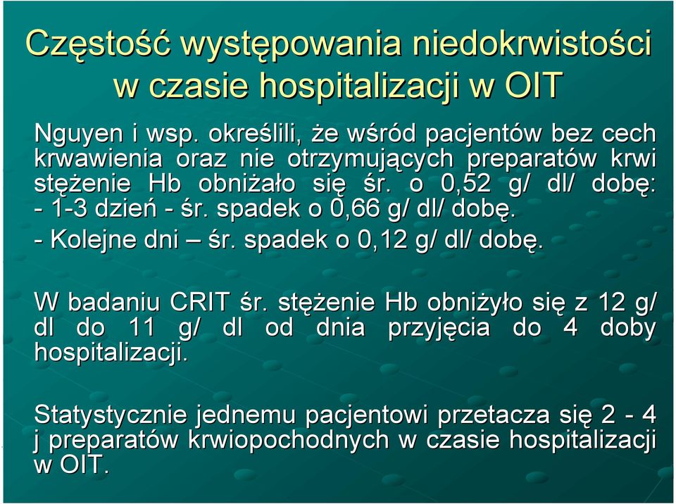 o 0,52 g/ dl/ dobę: - 1-33 dzień - śr. spadek o 0,66 g/ dl/ dobę. - Kolejne dni śr. spadek o 0,12 g/ dl/ dobę. W badaniu CRIT śr.