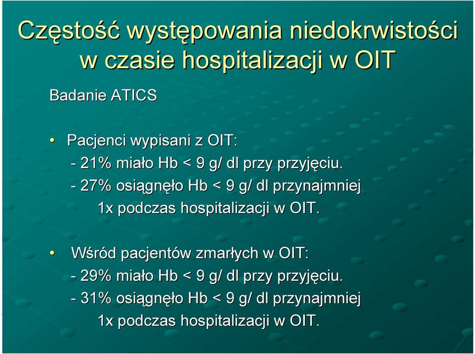 - 27% osiągnęło Hb < 9 g/ dl przynajmniej 1x podczas hospitalizacji w OIT.