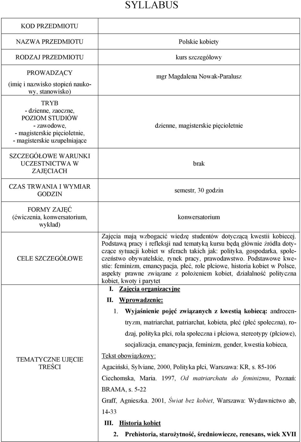 kobiety kurs szczegółowy mgr Magdalena Nowak-Paralusz dzienne, magisterskie pięcioletnie brak semestr, 30 godzin konwersatorium Zajęcia mają wzbogacić wiedzę studentów dotyczącą kwestii kobiecej.