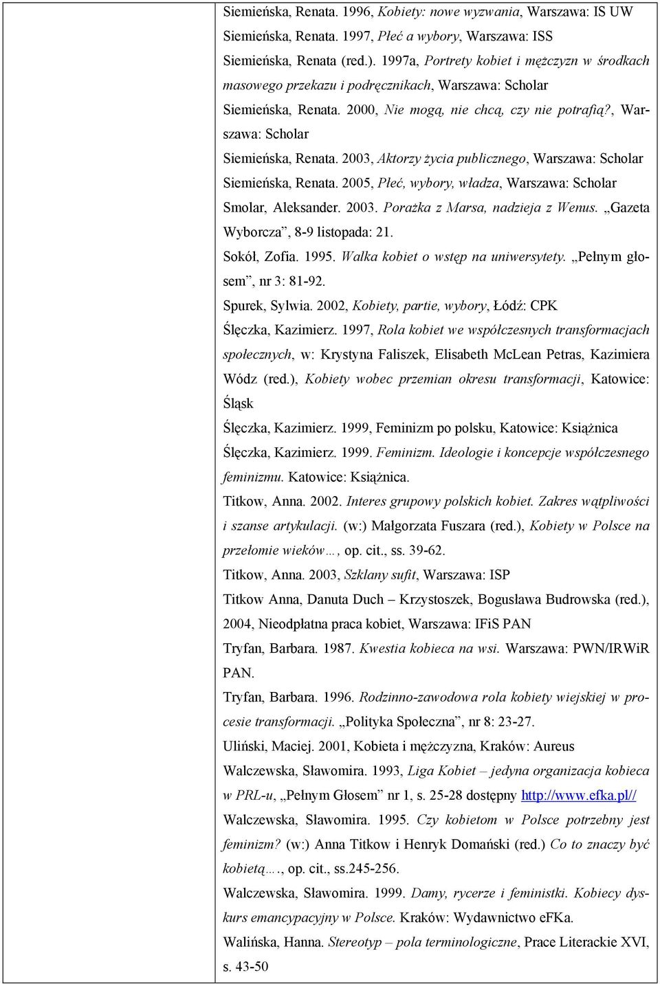 2005, Płeć, wybory, władza, Warszawa: Scholar Smolar, Aleksander. 2003. Porażka z Marsa, nadzieja z Wenus. Gazeta Wyborcza, 8-9 listopada: 21. Sokół, Zofia. 1995. Walka kobiet o wstęp na uniwersytety.