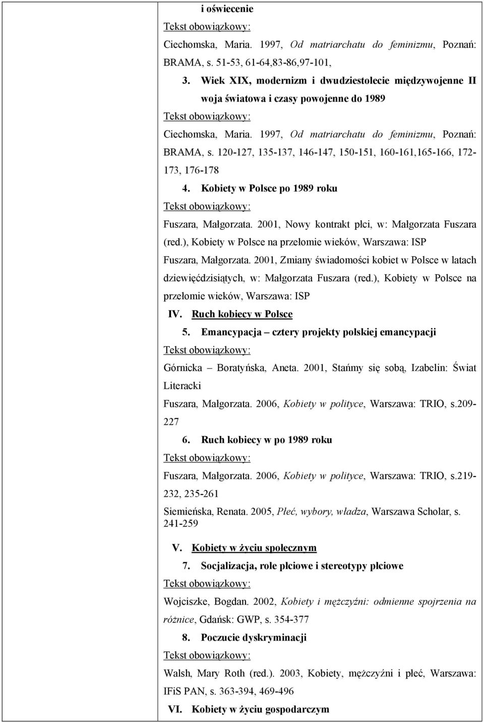 120-127, 135-137, 146-147, 150-151, 160-161,165-166, 172-173, 176-178 4. Kobiety w Polsce po 1989 roku Fuszara, Małgorzata. 2001, Nowy kontrakt płci, w: Małgorzata Fuszara (red.