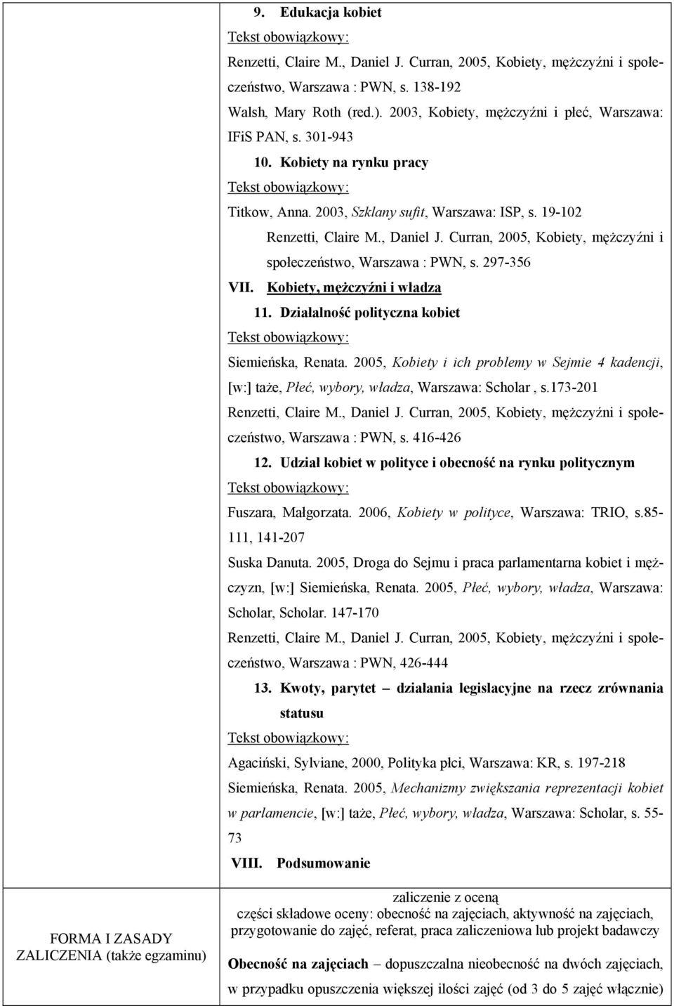 Curran, 2005, Kobiety, mężczyźni i społeczeństwo, Warszawa : PWN, s. 297-356 VII. Kobiety, mężczyźni i władza 11. Działalność polityczna kobiet Siemieńska, Renata.