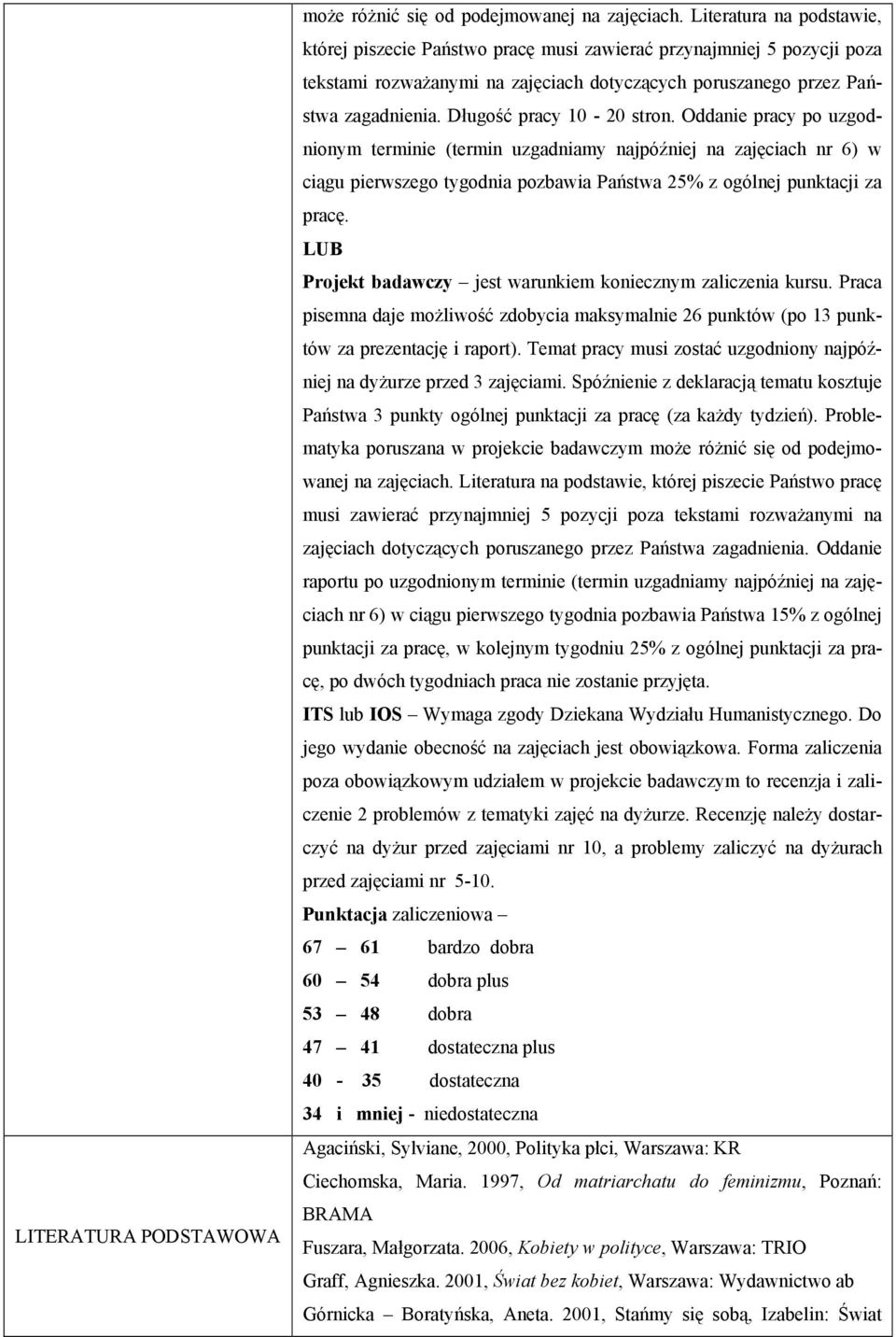 Długość pracy 10-20 stron. Oddanie pracy po uzgodnionym terminie (termin uzgadniamy najpóźniej na zajęciach nr 6) w ciągu pierwszego tygodnia pozbawia Państwa 25% z ogólnej punktacji za pracę.
