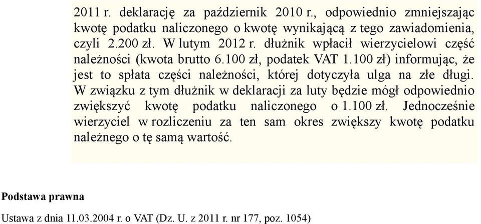 100 zł) informując, że jest to spłata części należności, której dotyczyła ulga na złe długi.