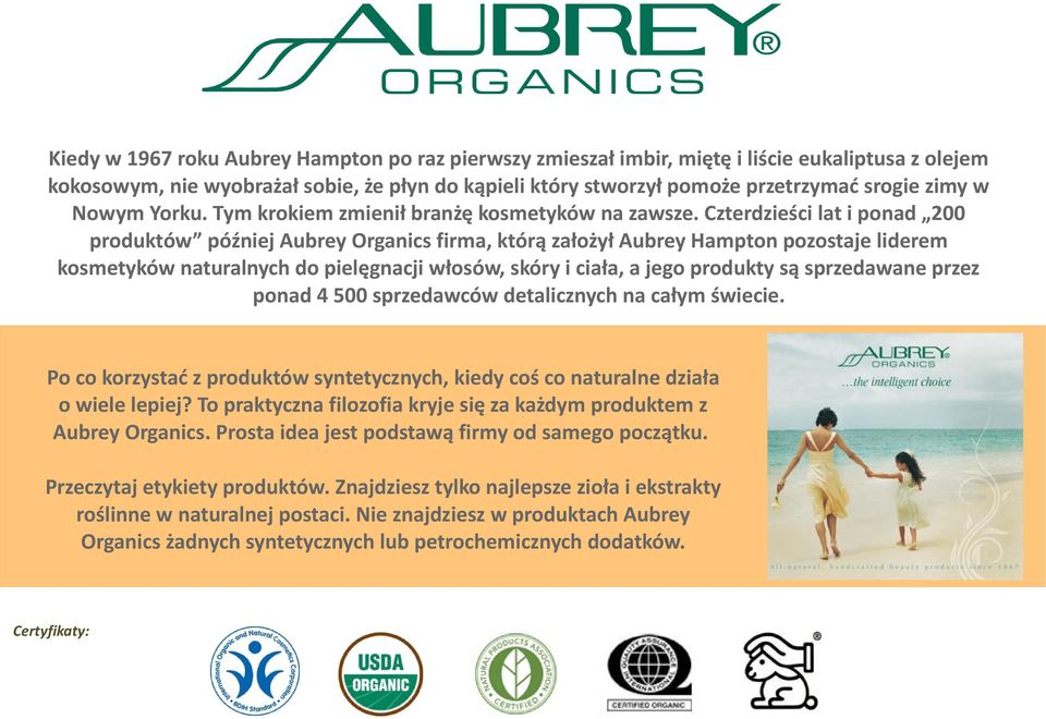 Czterdzieści lat i ponad 200 produktów później Aubrey Organics firma, którą założył Aubrey Hampton pozostaje liderem kosmetyków naturalnych do pielęgnacji włosów, skóry i ciała, a jego produkty są