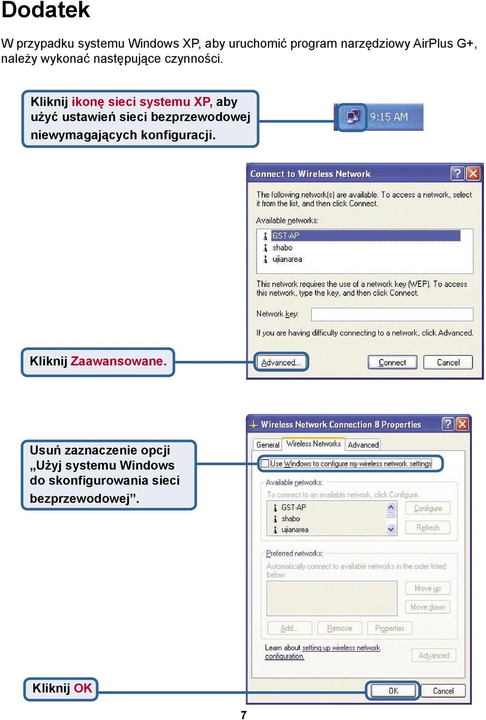 Kliknij ikonę sieci systemu XP, aby użyć ustawień sieci bezprzewodowej