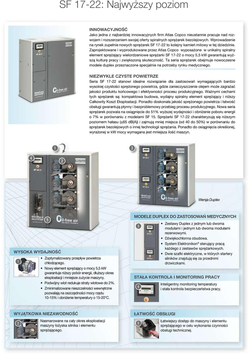 Zaprojektowane i wyprodukowane przez Atlas Copco wyposażone w unikalny spiralny element sprężający wielordzeniowe sprężarki SF 17-22 o mocy 5,5 kw gwarantują wyższą kulturę pracy i zwiększoną