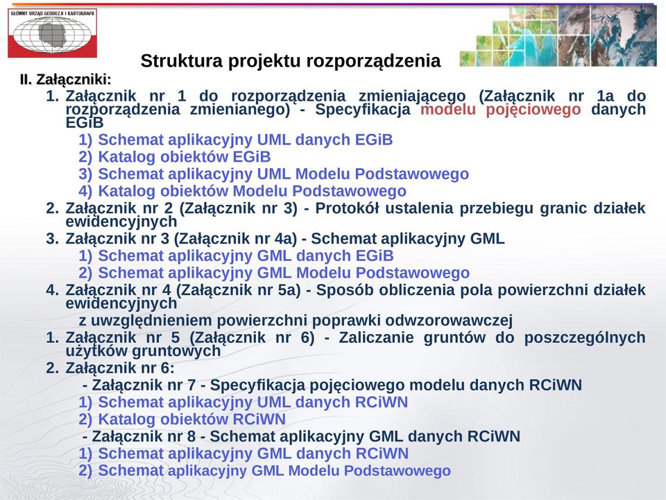 EGiB 3) Schemat aplikacyjny UML Modelu Podstawowego 4) Katalog obiektów Modelu Podstawowego 2. Załącznik nr 2 (Załącznik nr 3) - Protokół ustalenia przebiegu granic działek ewidencyjnych 3.