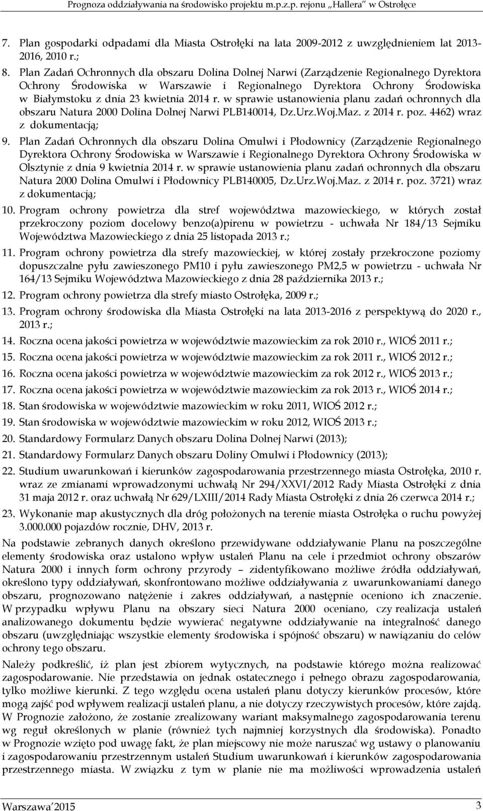 2014 r. w sprawie ustanowienia planu zadań ochronnych dla obszaru Natura 2000 Dolina Dolnej Narwi PLB140014, Dz.Urz.Woj.Maz. z 2014 r. poz. 4462) wraz z dokumentacją; 9.