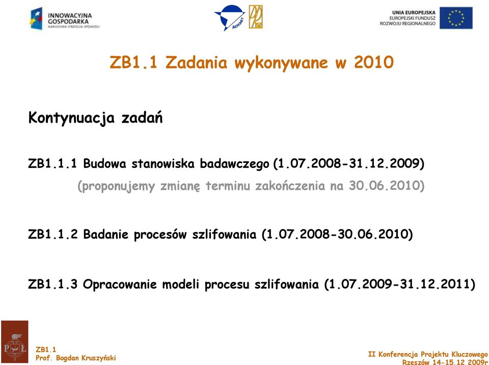 07.2008-30.06.2010) ZB1.1.3 Opracowanie modeli procesu szlifowania (1.07.2009-31.12.