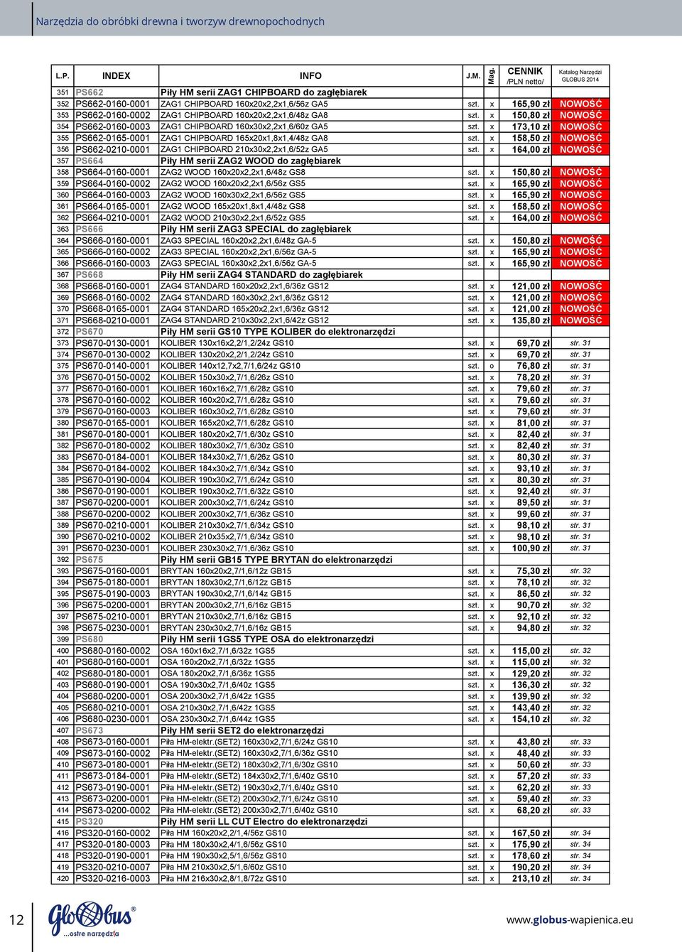 x 173,10 zł NOWOŚĆ 355 PS662 0165 0001 ZAG1 CHIPBOARD 165x20x1,8x1,4/48z GA8 szt. x 158,50 zł NOWOŚĆ 356 PS662 0210 0001 ZAG1 CHIPBOARD 210x30x2,2x1,6/52z GA5 szt.