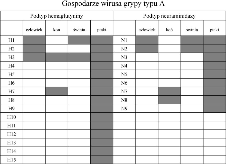 świnia ptaki człowiek koń świnia ptaki H1 H2 H3 H4