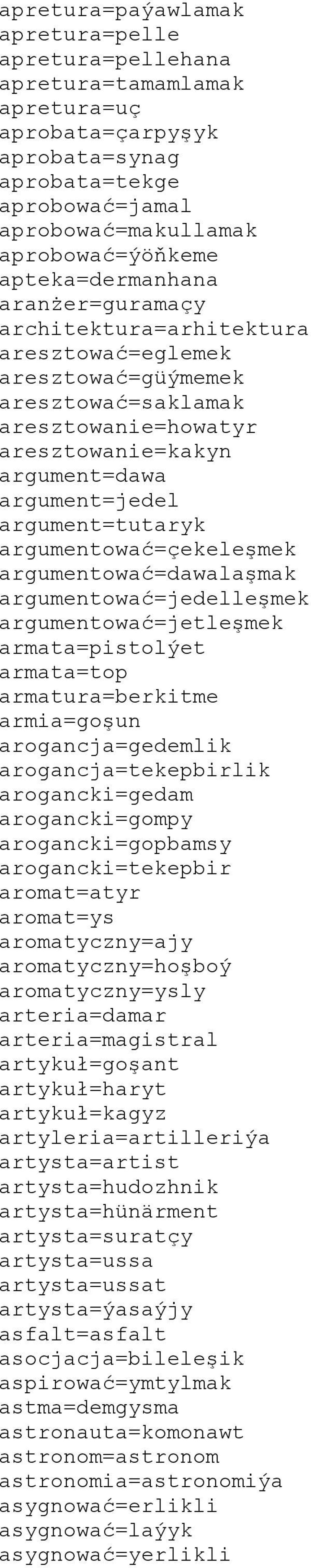 argument=tutaryk argumentować=çekeleşmek argumentować=dawalaşmak argumentować=jedelleşmek argumentować=jetleşmek armata=pistolýet armata=top armatura=berkitme armia=goşun arogancja=gedemlik