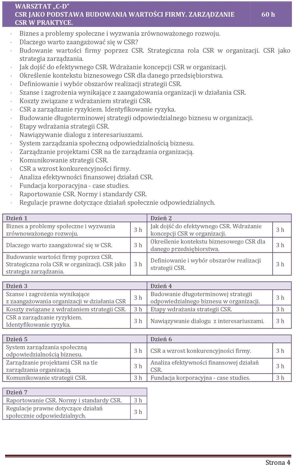 Określenie kontekstu biznesowego CSR dla danego przedsiębiorstwa. Definiowanie i wybór obszarów realizacji strategii CSR. Szanse i zagrożenia wynikające z zaangażowania organizacji w działania CSR.