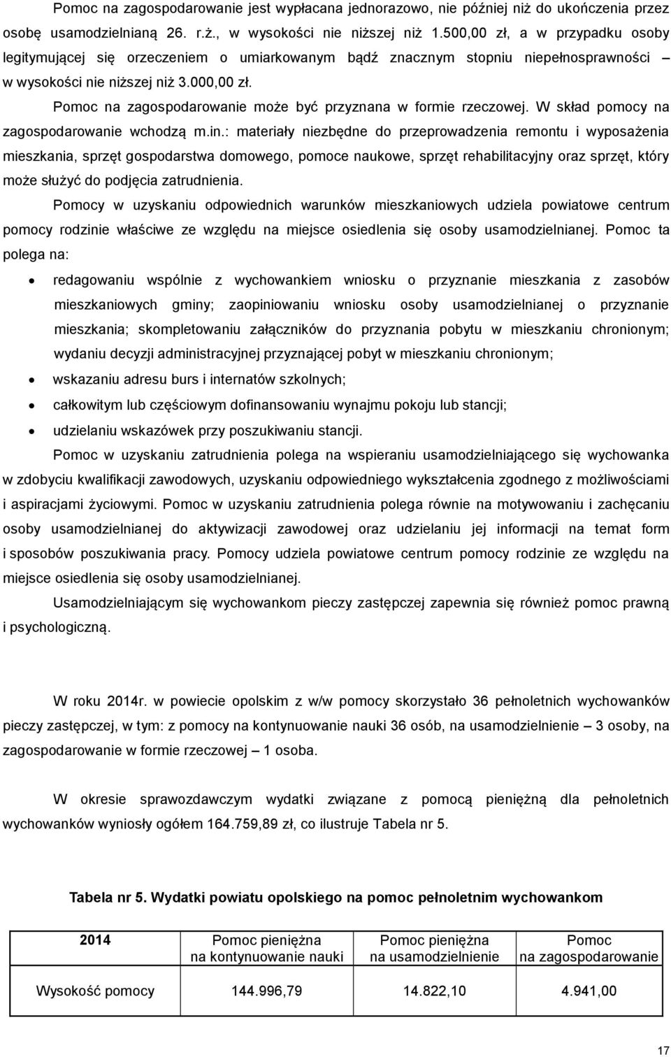 Pomoc na zagospodarowanie może być przyznana w formie rzeczowej. W skład pomocy na zagospodarowanie wchodzą m.in.