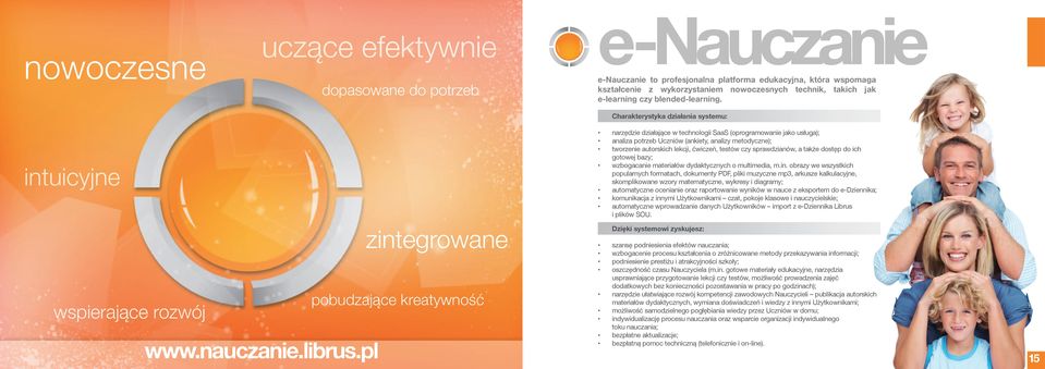 Charakterystyka działania systemu: narzędzie działające w technologii SaaS (oprogramowanie jako usługa); analiza potrzeb Uczniów (ankiety, analizy metodyczne); tworzenie autorskich lekcji, ćwiczeń,