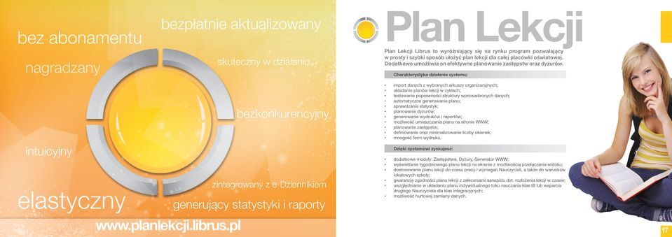 Charakterystyka działania systemu: import danych z wybranych arkuszy organizacyjnych; układanie planów lekcji w cyklach; testowanie poprawności struktury wprowadzonych danych; automatyczne