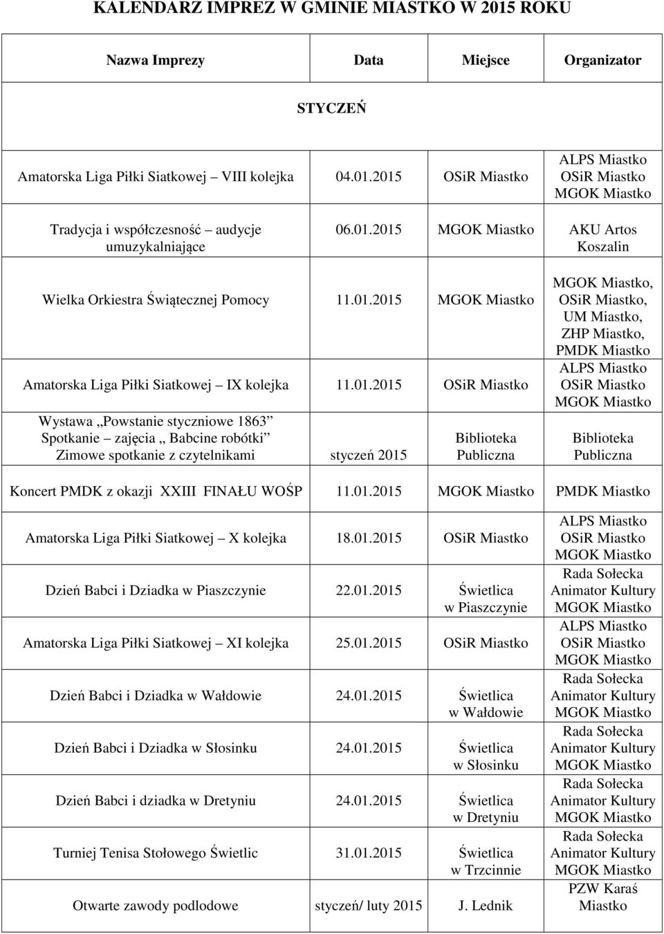 01.2015 PMDK Amatorska Liga Piłki Siatkowej X kolejka 18.01.2015 Dzień Babci i Dziadka w Piaszczynie 22.01.2015 Świetlica w Piaszczynie Amatorska Liga Piłki Siatkowej XI kolejka 25.01.2015 Dzień Babci i Dziadka w Wałdowie 24.