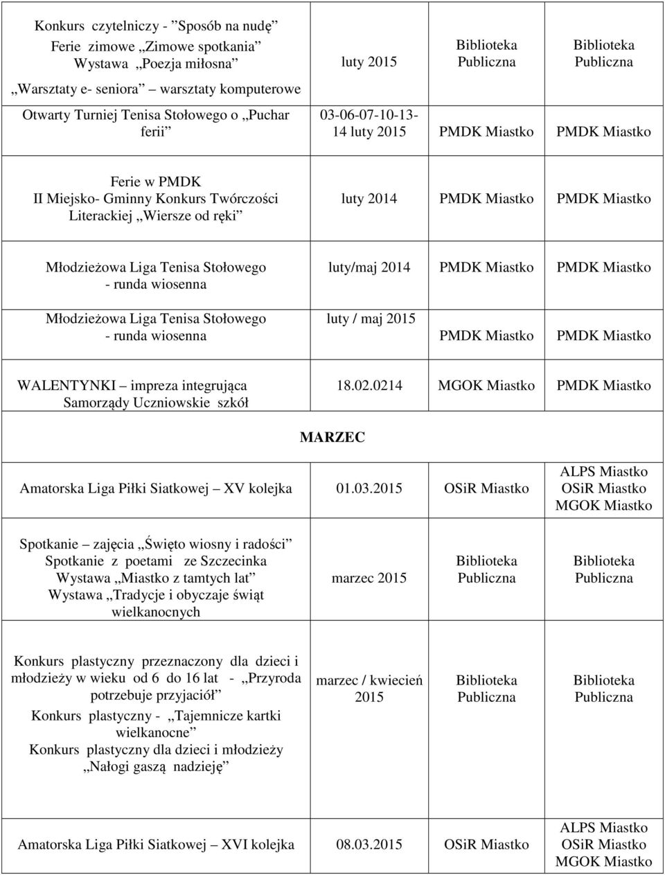 2014 PMDK PMDK Młodzieżowa Liga Tenisa Stołowego - runda wiosenna luty / maj 2015 PMDK PMDK WALENTYNKI impreza integrująca Samorządy Uczniowskie szkół 18.02.