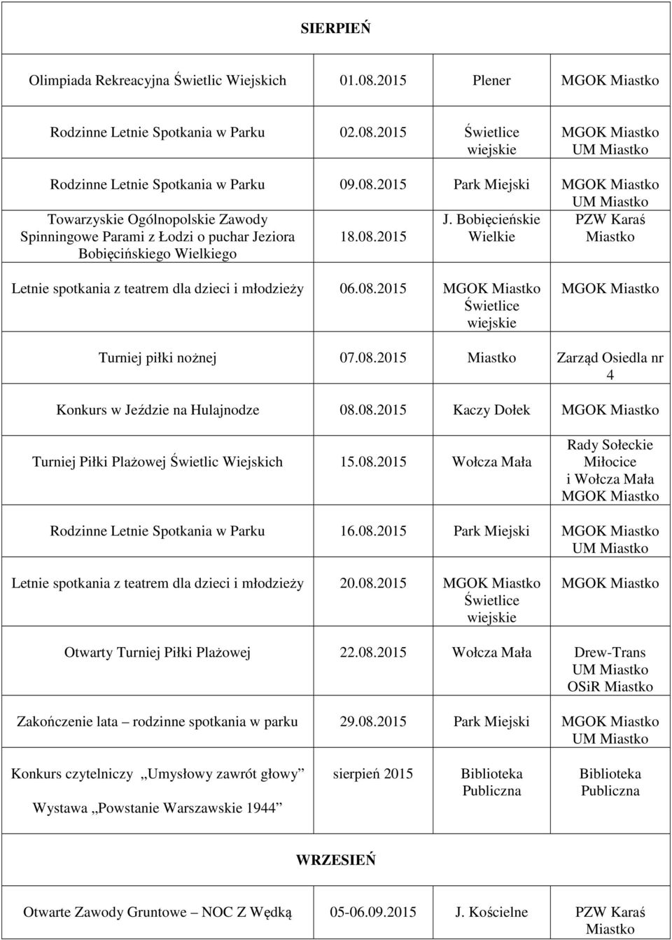 08.2015 Kaczy Dołek Turniej Piłki Plażowej Świetlic Wiejskich 15.08.2015 Wołcza Mała Rady Sołeckie Miłocice i Wołcza Mała Rodzinne Letnie Spotkania w Parku 16.08.2015 Park Miejski UM Letnie spotkania z teatrem dla dzieci i młodzieży 20.