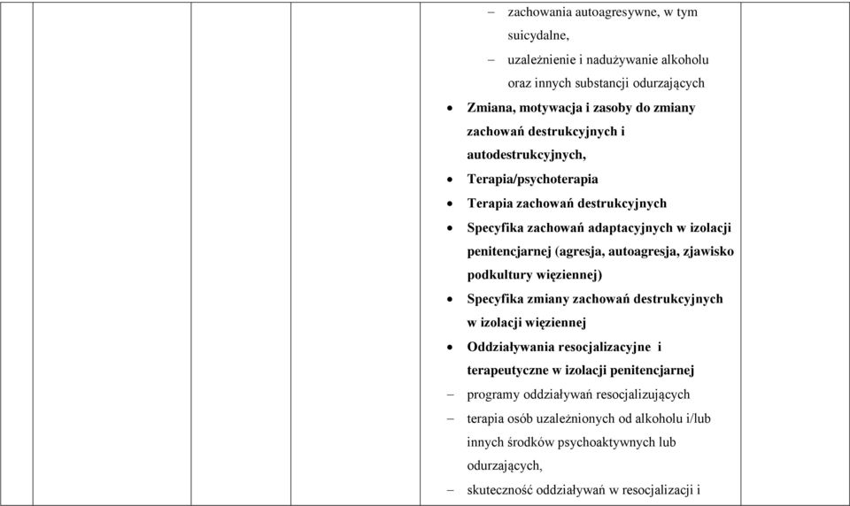 autoagresja, zjawisko podkultury więziennej) Specyfika zmiany zachowań destrukcyjnych w izolacji więziennej Oddziaływania resocjalizacyjne i terapeutyczne w izolacji