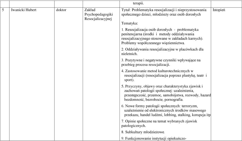 Oddziaływania resocjalizacyjne w placówkach dla nieletnich. 3. Pozytywne i negatywne czynniki wpływające na przebieg procesu resocjalizacji. 4.