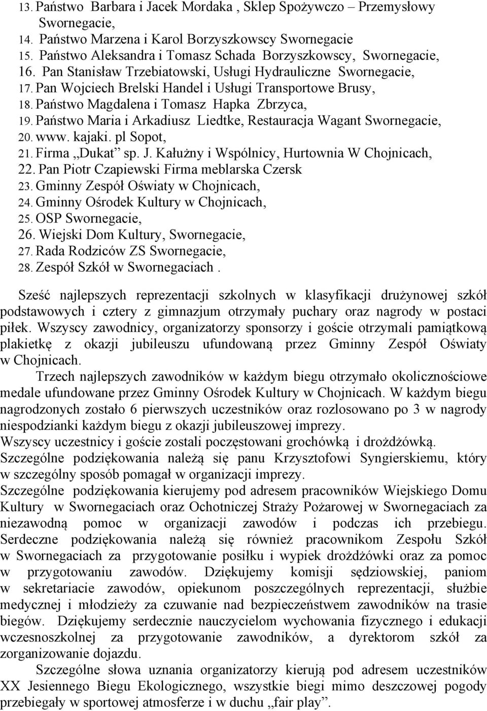 Państwo Magdalena i Tomasz Hapka Zbrzyca, 19. Państwo Maria i Arkadiusz Liedtke, Restauracja Wagant Swornegacie, 20. www. kajaki. pl Sopot, 21. Firma Dukat sp. J.