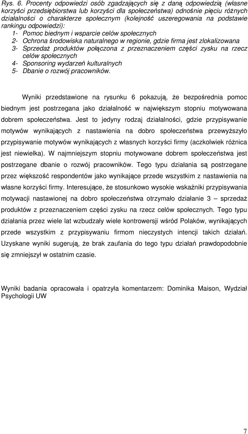 uszeregowania na podstawie rankingu odpowiedzi): 1- Pomoc biednym i wsparcie celów społecznych 2- Ochrona środowiska naturalnego w regionie, gdzie firma jest zlokalizowana 3- Sprzedaż produktów