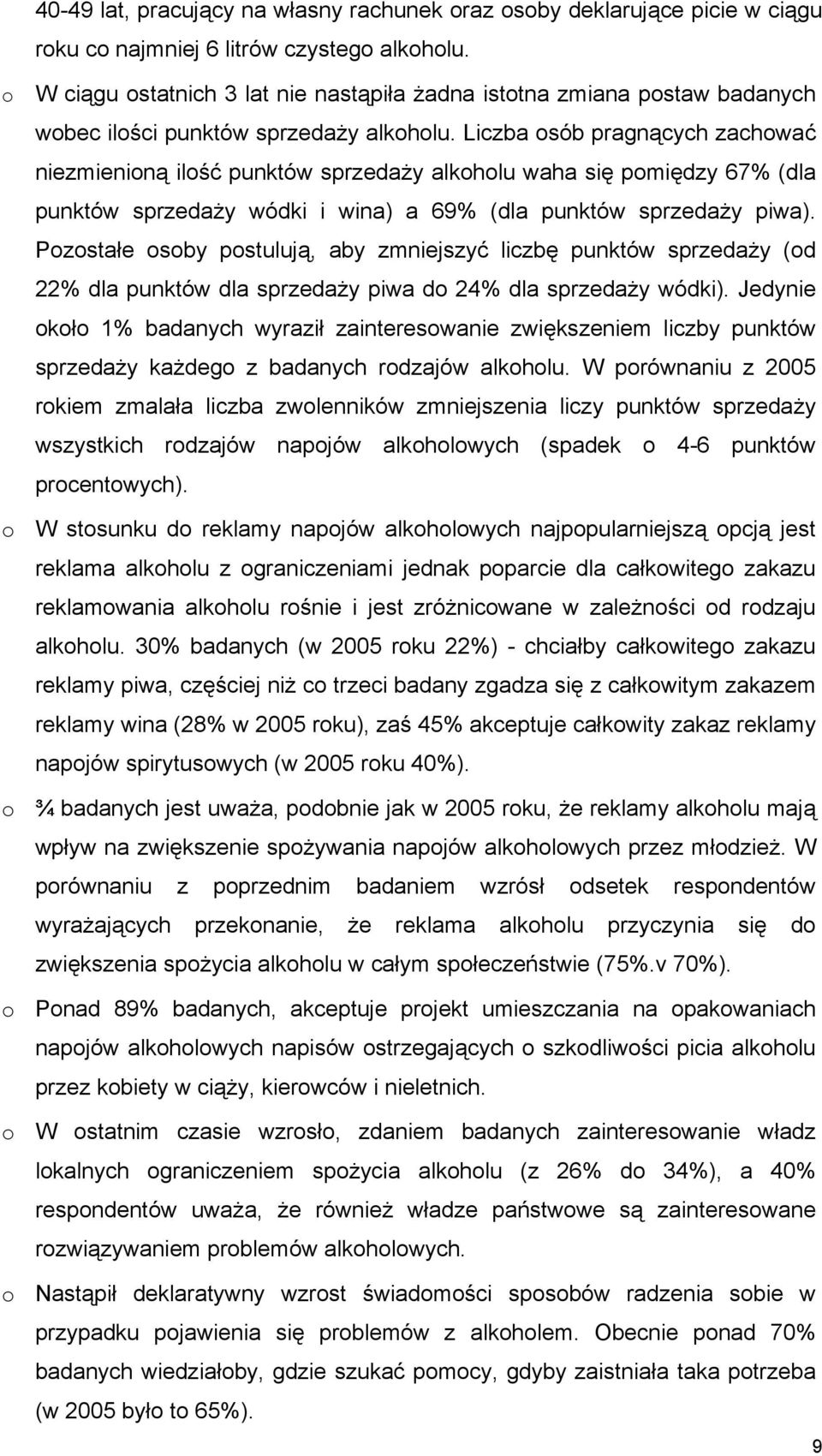 Liczba osób pragnących zachować niezmienioną ilość punktów sprzedaży alkoholu waha się pomiędzy 67% (dla punktów sprzedaży wódki i wina) a 69% (dla punktów sprzedaży piwa).