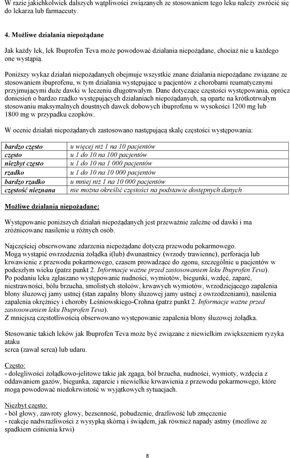 Poniższy wykaz działań niepożądanych obejmuje wszystkie znane działania niepożądane związane ze stosowaniem ibuprofenu, w tym działania występujące u pacjentów z chorobami reumatycznymi przyjmującymi