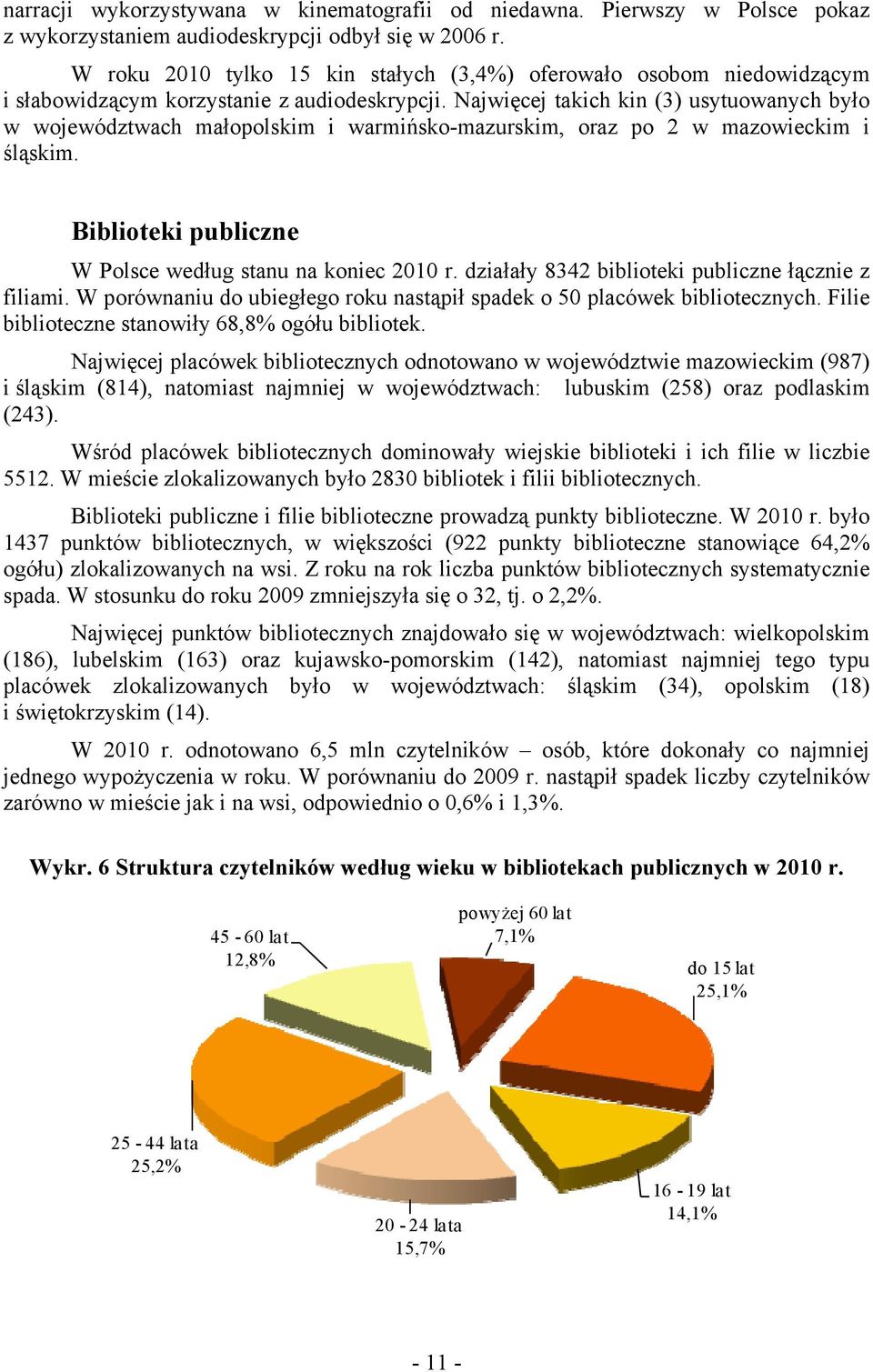 Najwięcej takich kin (3) usytuowanych było w województwach małopolskim i warmińsko-mazurskim, oraz po 2 w mazowieckim i śląskim. Biblioteki publiczne W Polsce według stanu na koniec 2010 r.