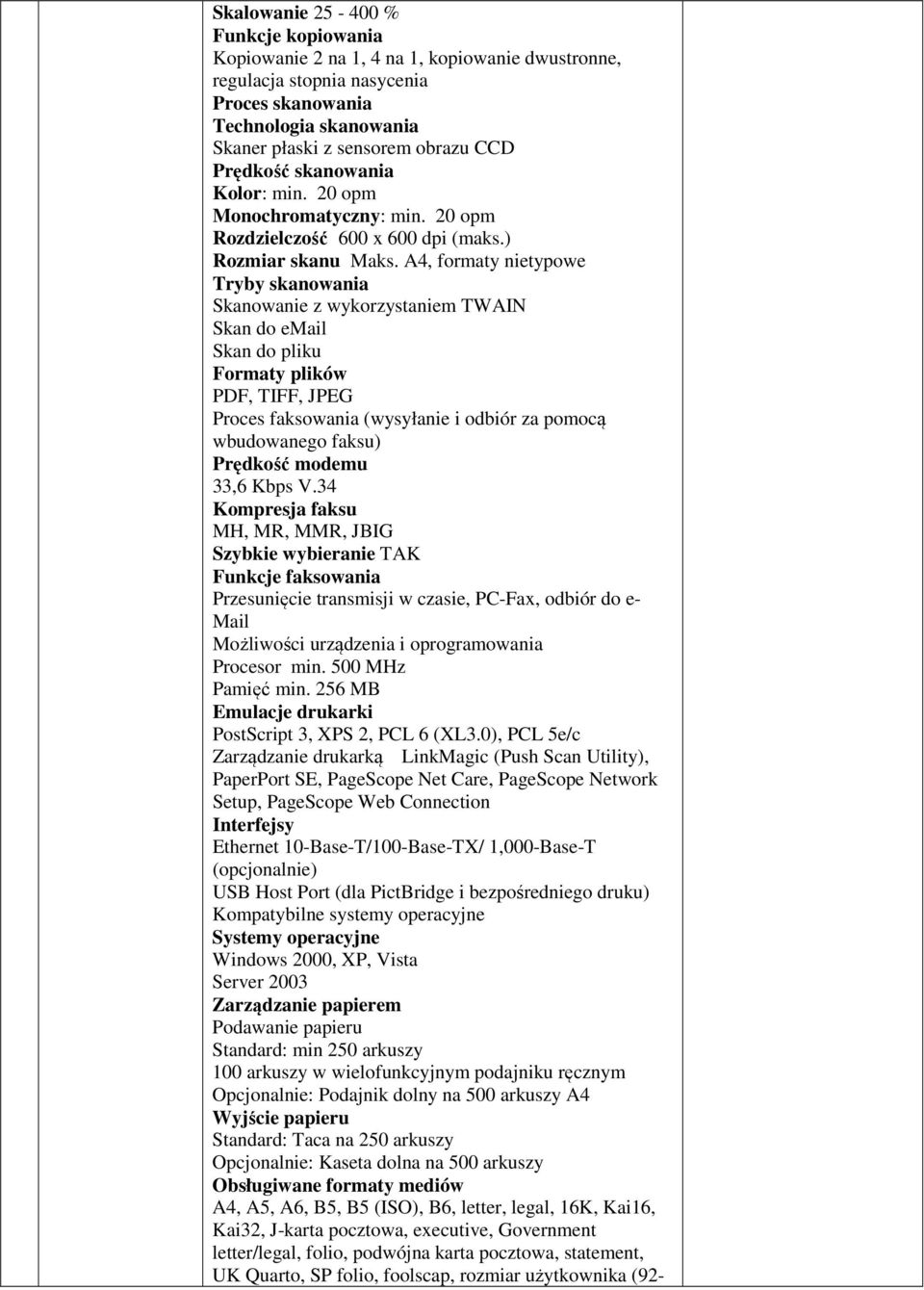 A4, formaty nietypowe Tryby skanowania Skanowanie z wykorzystaniem TWAIN Skan do email Skan do pliku Formaty plików PDF, TIFF, JPEG Proces faksowania (wysyłanie i odbiór za pomocą wbudowanego faksu)